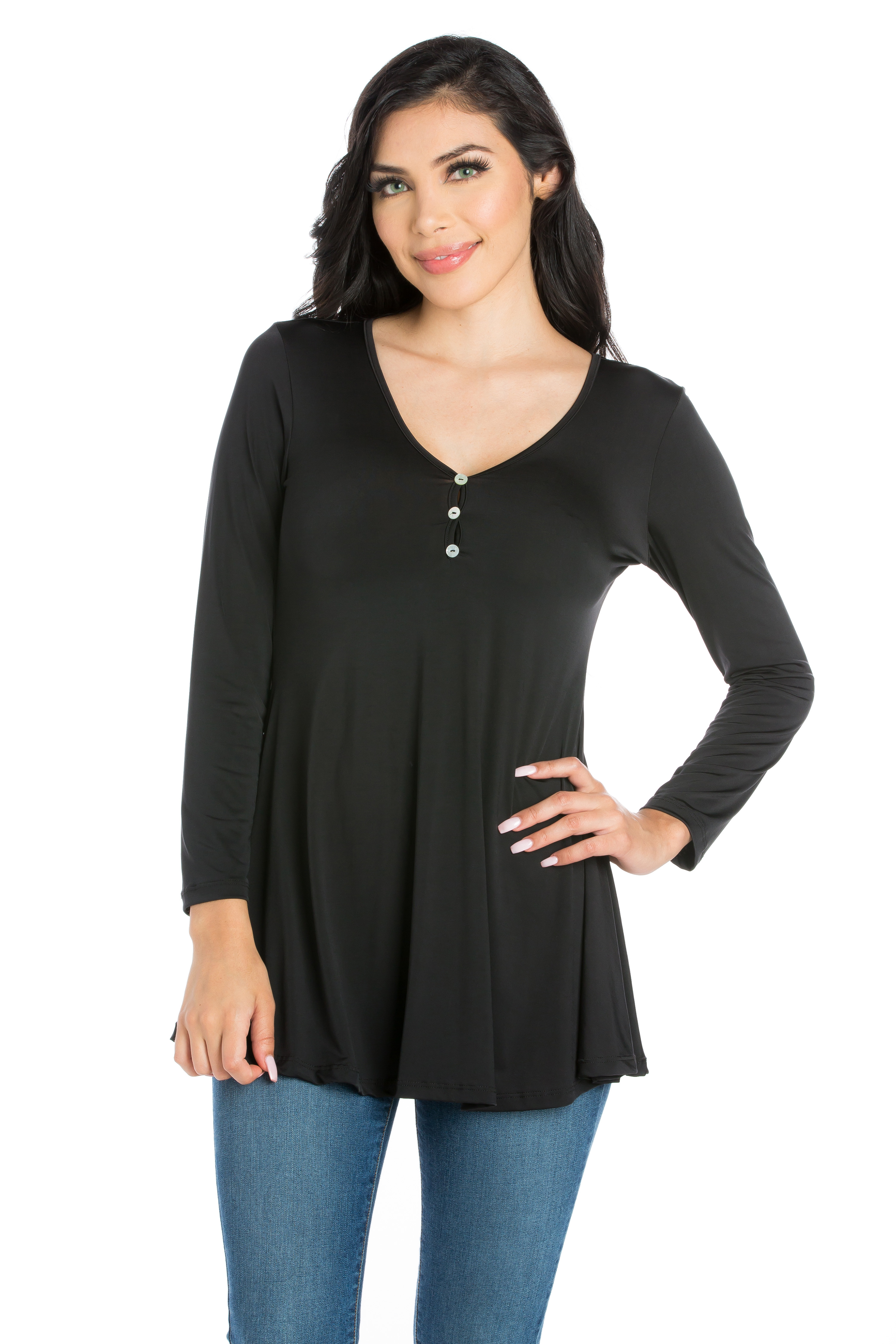 24/7 Comfort Apparel Women's Long Sleeve Three Button Henley Tunic Top